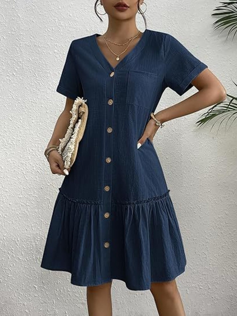 Full Size Button-Down Ruffle Hem Mini Dress Plus Size - Picture 7 of 15